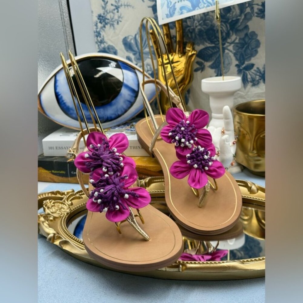 🆕 CHICO'S 🧿 NWOB Sunset Flower Sandal, Pink Hand Beaded Flower Detail - Sz 7US - Picture 6 of 13